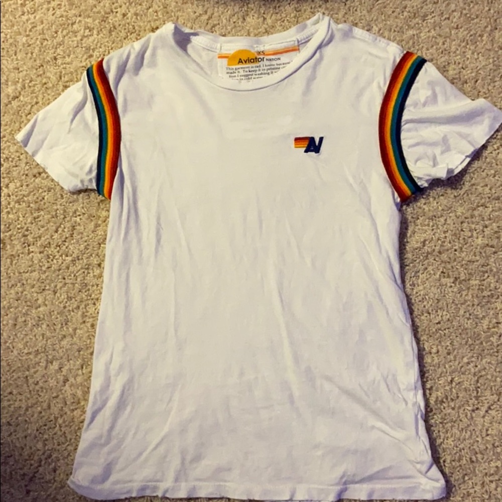 Avatior Nation white tee with embroidered rainbow